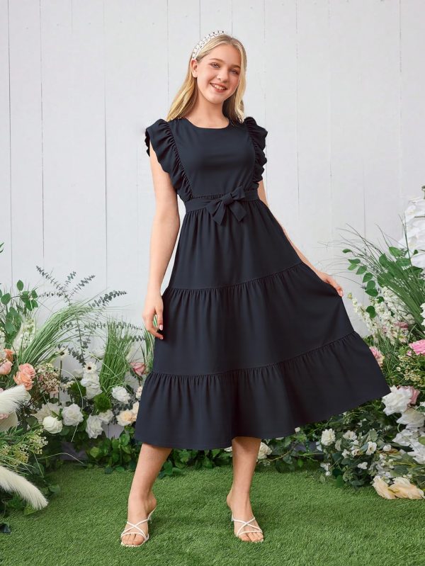 Girls Summer Dresses Ruffle Sleeve Dress A Line Swing Belted Casual Solid Color Party Dress 6-14 Years