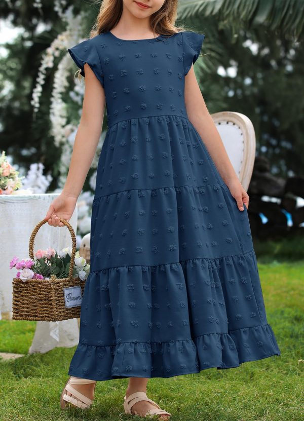 Girls Maxi Dress Ruffle Sleeve Swiss Dot A Line Tiered Flowy Casual Party Dresses with Pockets for 6-12 Y