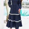 Womens Smocked Long Sleeve Maxi Dress Wedding Guest Spring Fall Boho Tiered Lace Trim Flowy Long Dresses Pockets