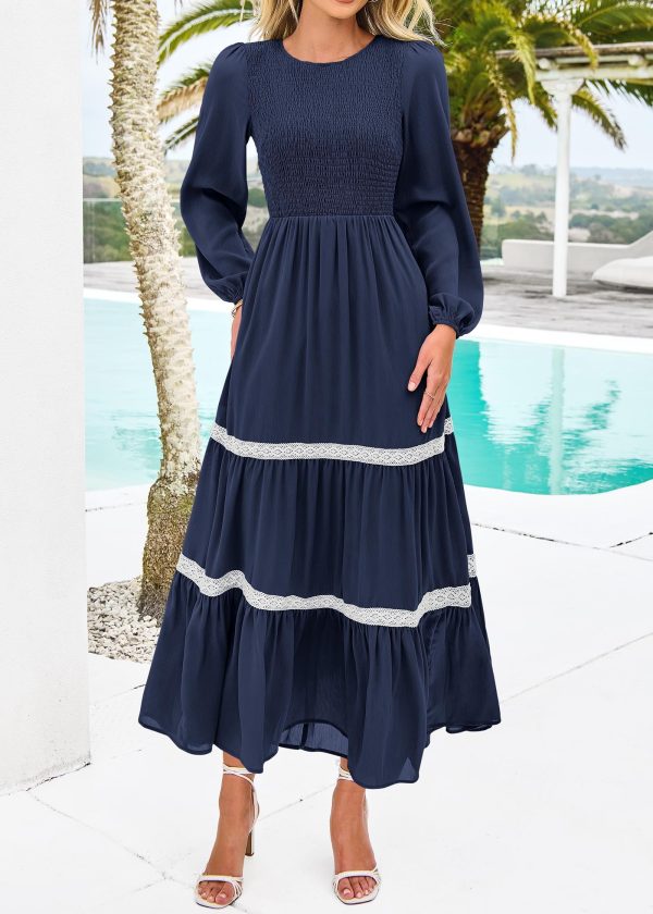 Womens Smocked Long Sleeve Maxi Dress Wedding Guest Spring Fall Boho Tiered Lace Trim Flowy Long Dresses Pockets