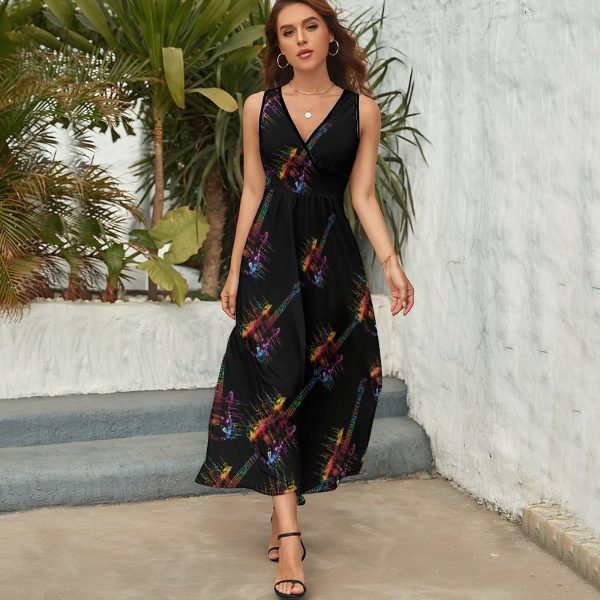Tie Dye Guitar Heartbeat Womens Casual Sleeveless Dress Maxi Long Beach Dress Sundress