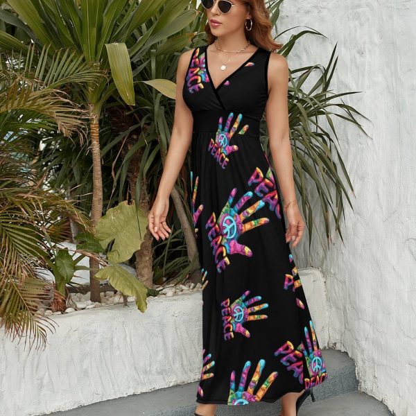 Hand Print Peace Sign Womens Casual Sleeveless Dress Maxi Long Beach Dress Sundress