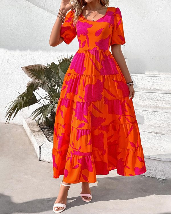 Casual Women Summer Dresses 2024 Puff Sleeve Floral Maxi Dresses Smocked Backless Flowy Tiered Beach Long Dress