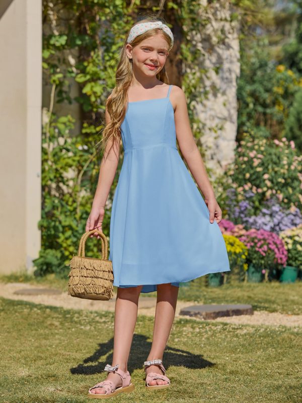Girls' Dress Square Neck Summer Tie Back Spaghetti Straps Elegant Chiffon A-line Party Dress 7-14 Years