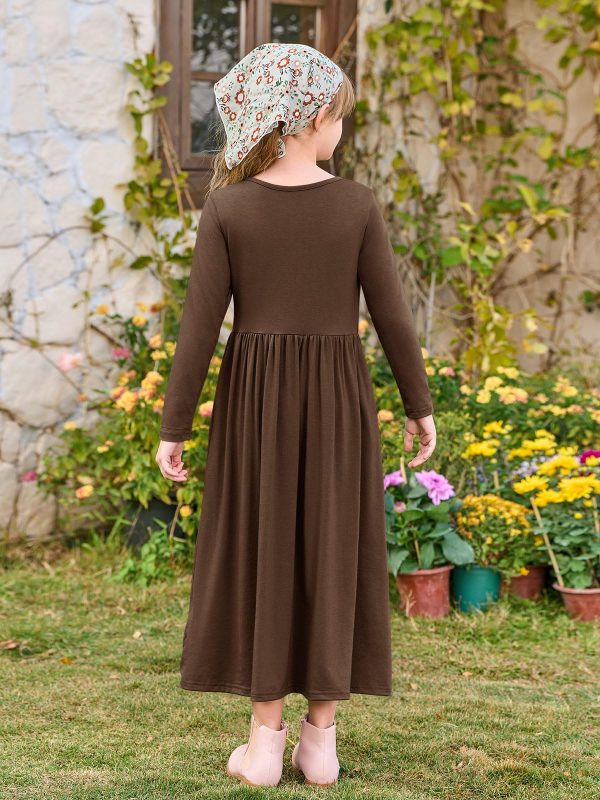 Girls Maxi Dress Long Sleeve Casual Holiday Dress with Pockets for 5-14 Years