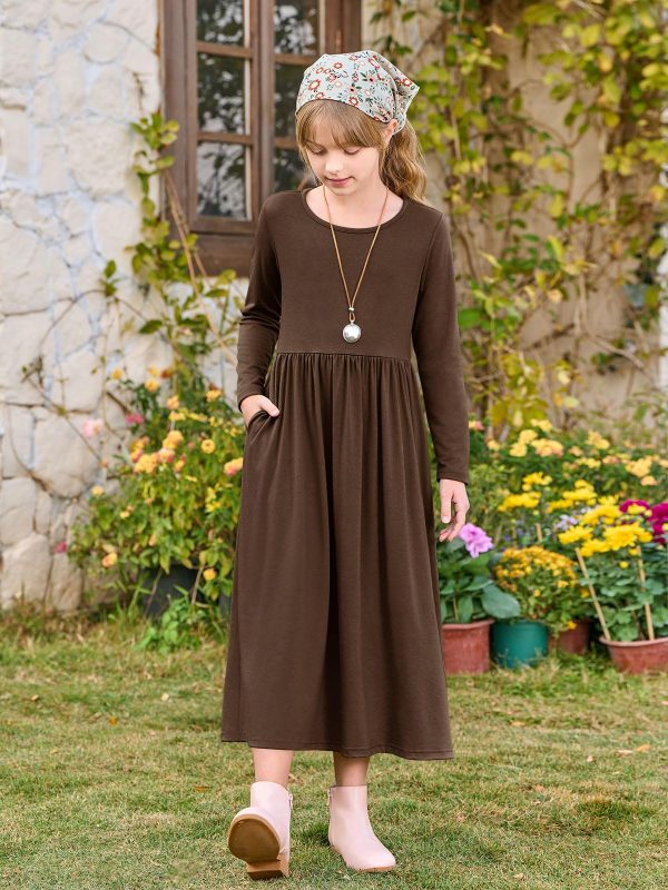 Girls Maxi Dress Long Sleeve Casual Holiday Dress with Pockets for 5-14 Years