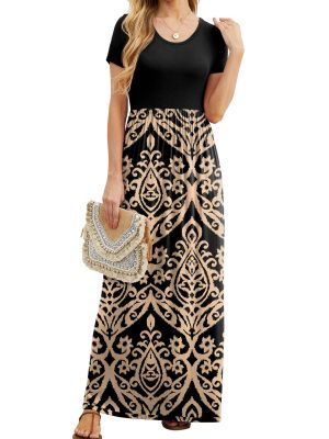 Women Summer Crew Neck Casual Short Sleeve Solid Floral Print Long Maxi Dress with Pockets
