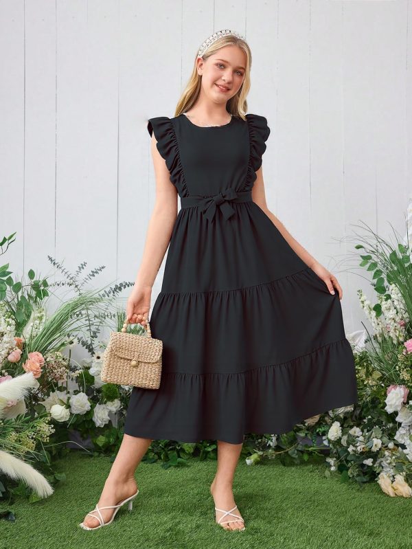 Girls Summer Dresses Ruffle Sleeve Dress A Line Swing Belted Casual Solid Color Party Dress 6-14 Years
