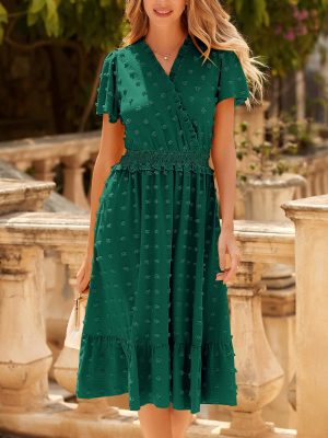 Women Short Sleeve V Neck Swiss Dot Midi Summer Dresses 2024 Boho Ruffle Long Dresses Ruffle Wedding Guest Dress