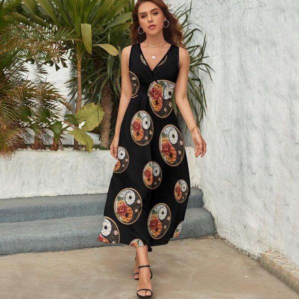 Mandala Yin Yang Flower Womens Casual Sleeveless Dress Maxi Long Beach Dress Sundress