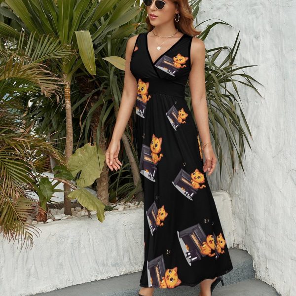 Orange Cat Playing Piano Music Womens Casual Sleeveless Dress Maxi Long Beach Dress Sundress
