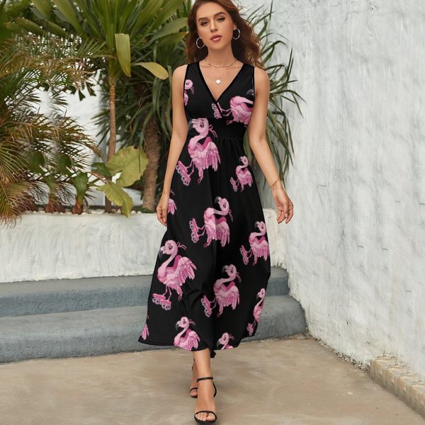Skate Flamingo Roller Skating Womens Casual Sleeveless Dress Maxi Long Beach Dress Sundress