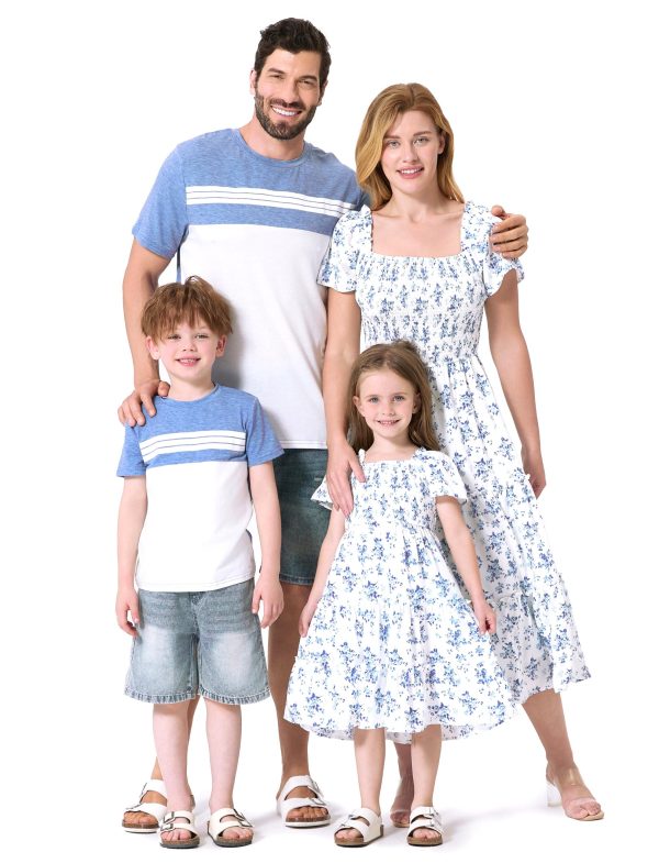 Family Matching Outfits Boho Floral Print Square Neck Puff Sleeve Smocked Dress and Short Sleeve T-Shirts Matching Set