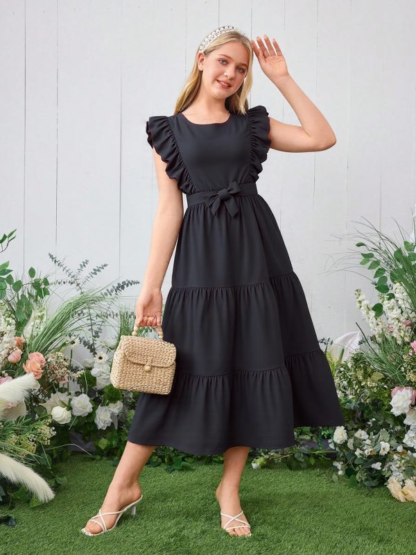 Girls Summer Dresses Ruffle Sleeve Dress A Line Swing Belted Casual Solid Color Party Dress 6-14 Years