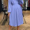 Women's Spring Midi Dress Long Puff Sleeve Wrap V Neck Flowy Ruffle Pleated Casual Fall Dresses