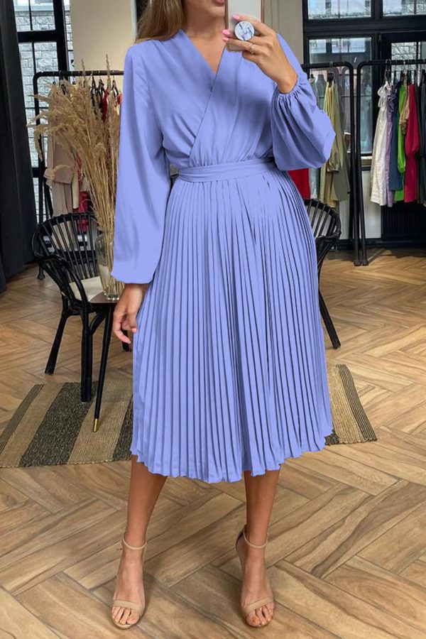 Women's Spring Midi Dress Long Puff Sleeve Wrap V Neck Flowy Ruffle Pleated Casual Fall Dresses