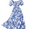 Girl's Summer Floral Bow Front Puff Sleeve Dress Shirred Tiered Ruffle Hem A Line Long Dress