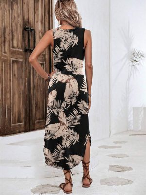 Women Floral Summer Dress Casual Beach Dress Printed Tank Dress with Pockets Pleated Front Long Dress