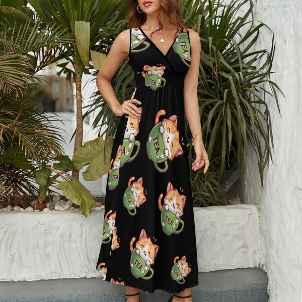 Cat Teacup Womens Casual Sleeveless Dress Maxi Long Beach Dress Sundress