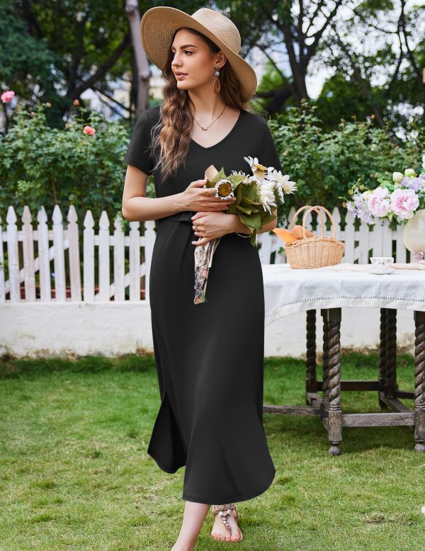 Women's Nursing Dress Summer V Neck Short Sleeve Maternity Split Long Dresses for Breastfeeding with Pockets S-XXL
