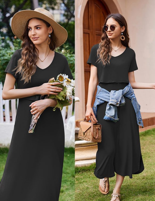 Women's Nursing Dress Summer V Neck Short Sleeve Maternity Split Long Dresses for Breastfeeding with Pockets S-XXL