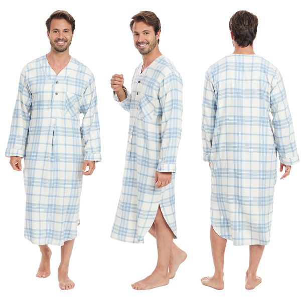 Men's 2 Pack Lightweight Cotton Flannel Sleep Shirt, Long Henley Nightshirt Pajamas