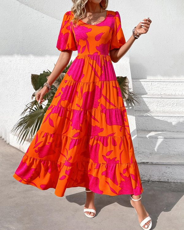 Casual Women Summer Dresses 2024 Puff Sleeve Floral Maxi Dresses Smocked Backless Flowy Tiered Beach Long Dress