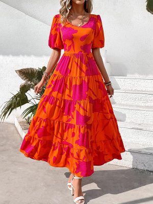 Casual Women Summer Dresses 2024 Puff Sleeve Floral Maxi Dresses Smocked Backless Flowy Tiered Beach Long Dress