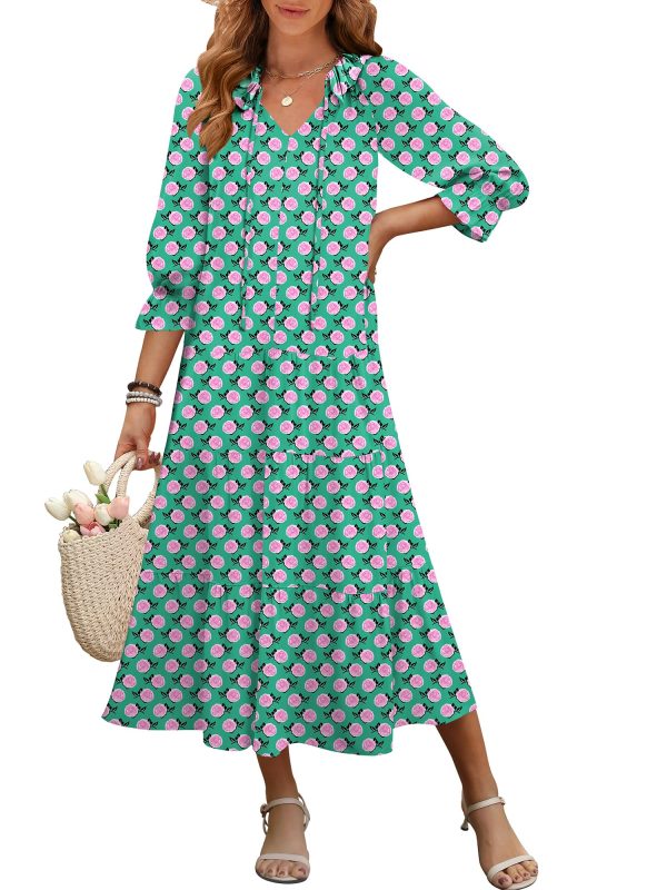 Women's Boho Maxi Dresses 2025 Summer Casual V Neck Puff Sleeve Floral Tiered Flowy Swing Beach Vacation Long Dress