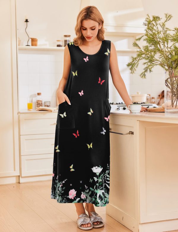 Nightgowns for Women Sleeveless Sleepshirt Long Print House Dress Tank Nightshirt Maxi Casual Dress with Pockets