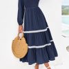 Womens Smocked Long Sleeve Maxi Dress Wedding Guest Spring Fall Boho Tiered Lace Trim Flowy Long Dresses Pockets