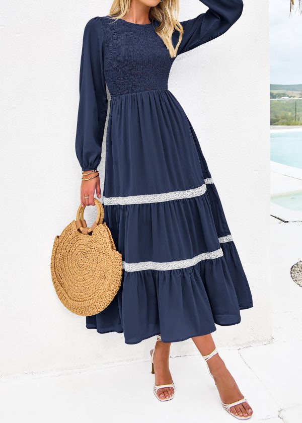 Womens Smocked Long Sleeve Maxi Dress Wedding Guest Spring Fall Boho Tiered Lace Trim Flowy Long Dresses Pockets