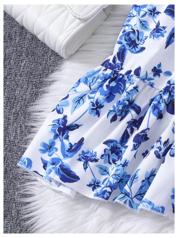 Girl's Summer Floral Bow Front Puff Sleeve Dress Shirred Tiered Ruffle Hem A Line Long Dress