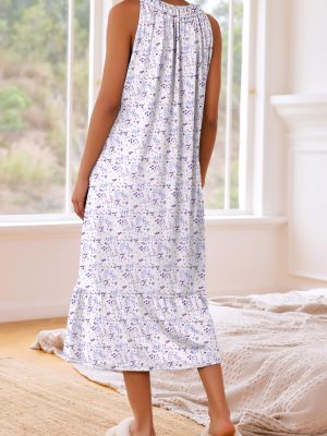 Women's Nightgowns Long Sleeveless Night gown with Pockets Soft Ladies Nightdress