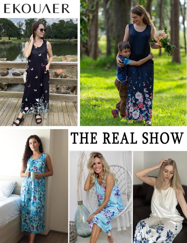 Nightgowns for Women Sleeveless Sleepshirt Long Print House Dress Tank Nightshirt Maxi Casual Dress with Pockets