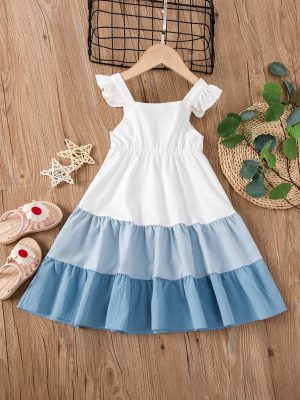 Girls' Color Block Ruffle Trim Sleeveless High Waist Flared Long Cami Dress