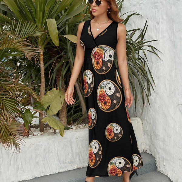 Mandala Yin Yang Flower Womens Casual Sleeveless Dress Maxi Long Beach Dress Sundress