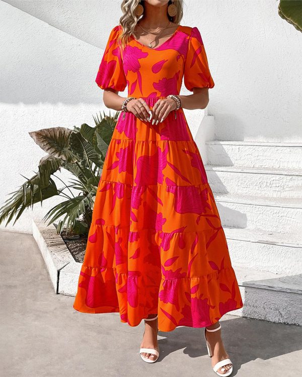 Casual Women Summer Dresses 2024 Puff Sleeve Floral Maxi Dresses Smocked Backless Flowy Tiered Beach Long Dress