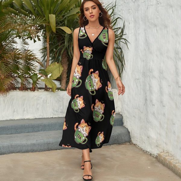 Cat Teacup Womens Casual Sleeveless Dress Maxi Long Beach Dress Sundress