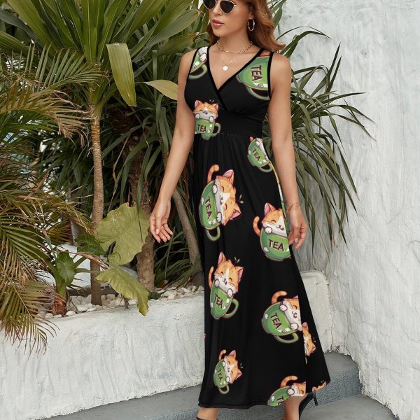 Cat Teacup Womens Casual Sleeveless Dress Maxi Long Beach Dress Sundress