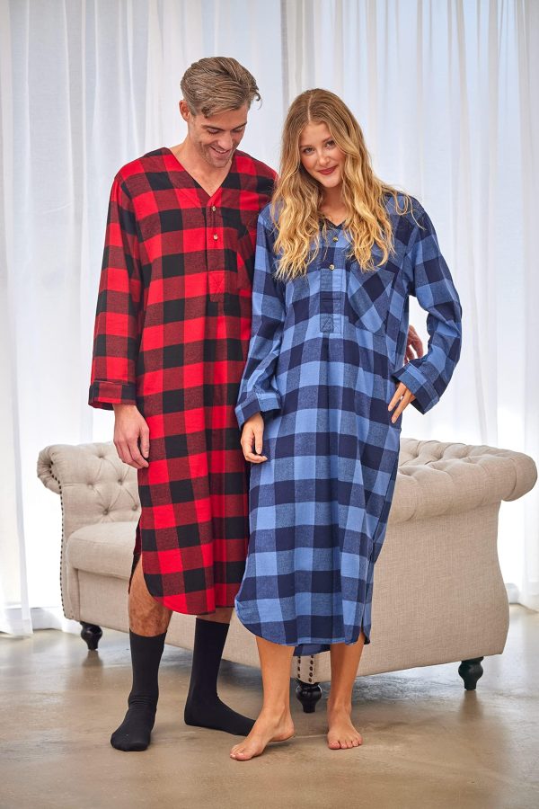 Men's 2 Pack Lightweight Cotton Flannel Sleep Shirt, Long Henley Nightshirt Pajamas