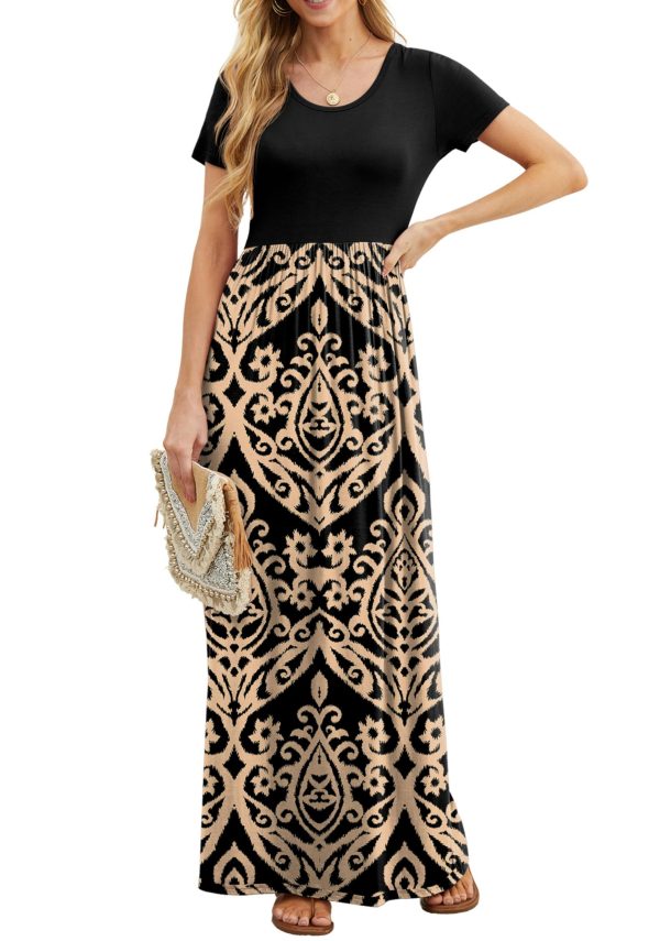 Women Summer Crew Neck Casual Short Sleeve Solid Floral Print Long Maxi Dress with Pockets