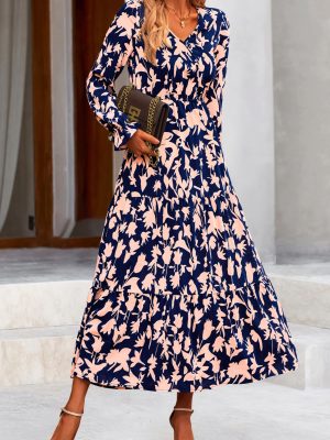 Women's 2024 Fall Dresses Boho Maxi Dress Casual Long Sleeve V Neck Floral Dresses Wedding Guest Dress