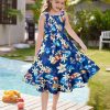 Girls Floral Maxi Dress Square Neck Wide Straps Smocked Summer Spring Flowy Dress 5-14Y