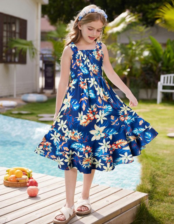 Girls Floral Maxi Dress Square Neck Wide Straps Smocked Summer Spring Flowy Dress 5-14Y