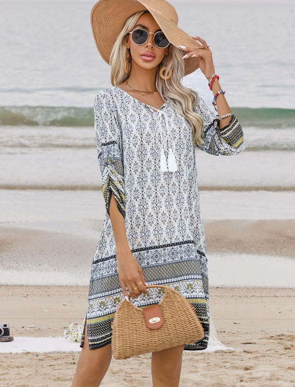 Women Casual Beach Summer Dress Boho Tassel Tie Neck 3/4 Long Sleeve Short Floral Print Flowy Cover Up Sundresses