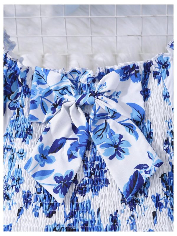 Girl's Summer Floral Bow Front Puff Sleeve Dress Shirred Tiered Ruffle Hem A Line Long Dress