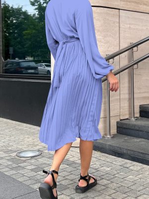Women's Spring Midi Dress Long Puff Sleeve Wrap V Neck Flowy Ruffle Pleated Casual Fall Dresses