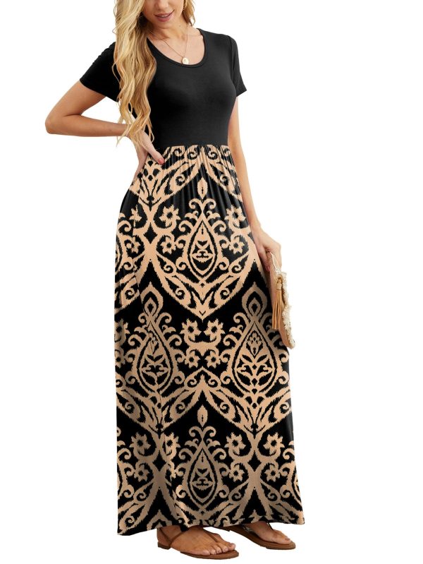 Women Summer Crew Neck Casual Short Sleeve Solid Floral Print Long Maxi Dress with Pockets