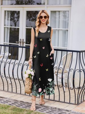 Nightgowns for Women Sleeveless Sleepshirt Long Print House Dress Tank Nightshirt Maxi Casual Dress with Pockets